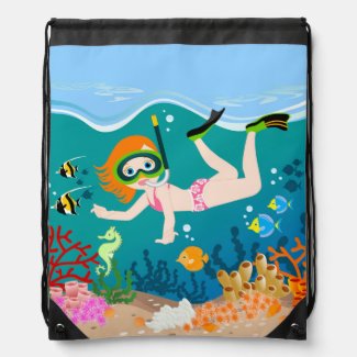 Girl having fun diving and swimming backpack