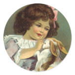 Girl Holding an Easter Bunny; Easter Greetings Round Stickers