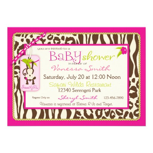 Girl Jungle Monkey Safari Baby Shower Cards