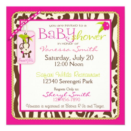 Girl Jungle Monkey Safari Baby Shower Personalized Invitation