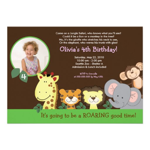 Girl Jungle Safari Zoo Animal Photo Birthday Custom Invitations