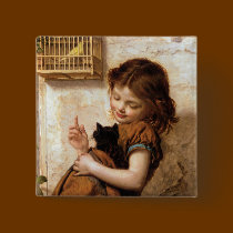 Girl, Kitty Cat & Bird - Vintage Painting buttons