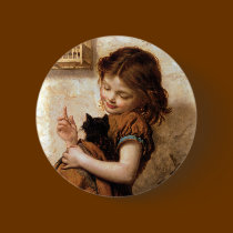 Girl, Kitty Cat & Bird - Vintage Painting buttons