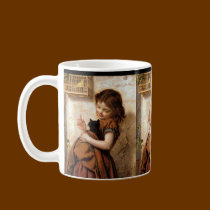 Girl, Kitty Cat & Bird - Vintage Painting mugs