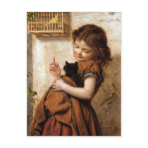 Girl, Kitty Cat & Bird - Vintage Painting Post Card