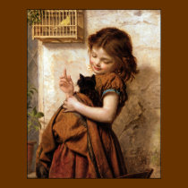 Girl, Kitty Cat & Bird Vintage Poster Print posters