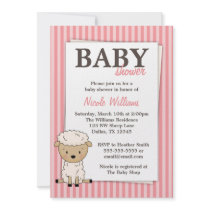 Girl Lamb Baby Shower Pink Stripe Invitations