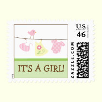 Girl Laundry Baby Announcement Stamp (green) stamps