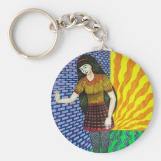 Girl Leaning On Brick Wall In Abstract Environment Keychains