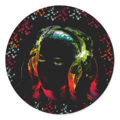 Girl Listening Music Headphones Neon Colors Gifts Round Sticker