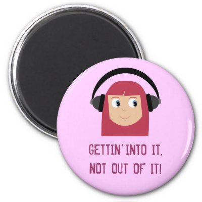 Pale pink round magnet with cute cartoon character girl wearing headphones 