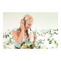Girl listening to music in a virtual world posters