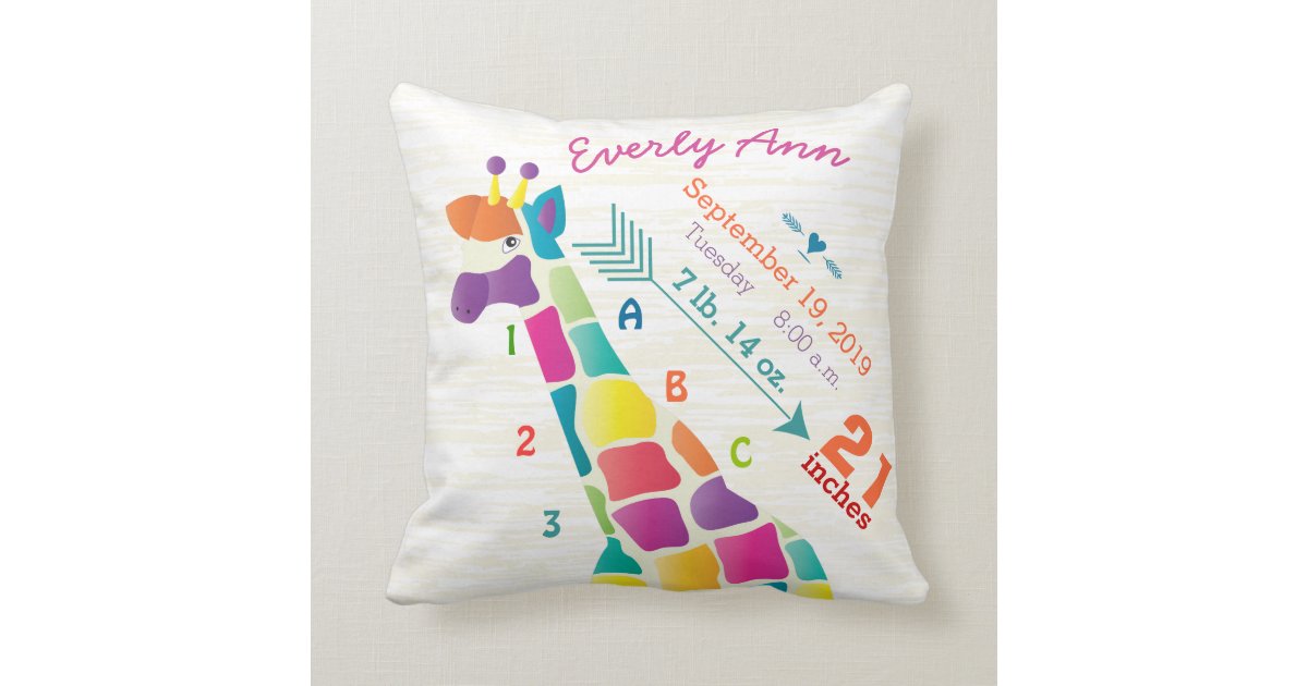 Girl Nursery Baby Birth Stat Giraffe Arrow Pattern Throw Pillow Zazzle