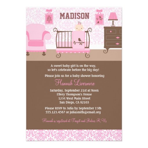 Girl Nursery Baby Shower invitation Pink Brown