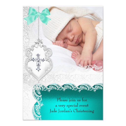 Girl or Boy Baptism Jade Teal White Lace Photo Invite (front side)