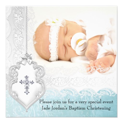 Girl or Boy Baptism Teal White Lace Photo Cross Invitation (front side)