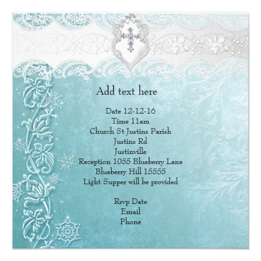 Girl or Boy Baptism Teal White Lace Photo Cross Invitation