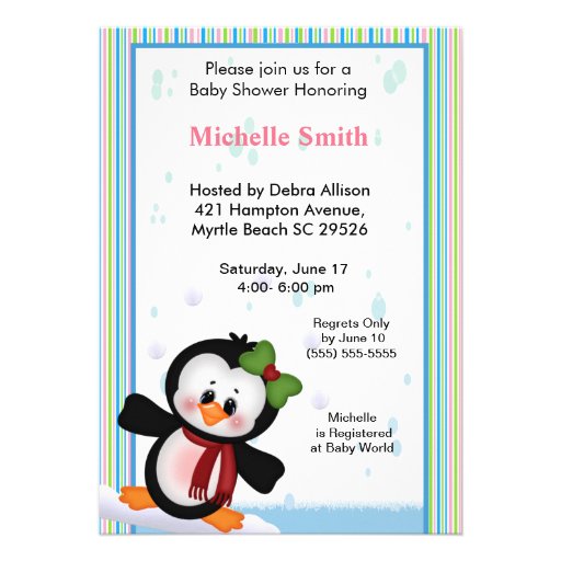 Girl Penguin Baby Shower Invitation