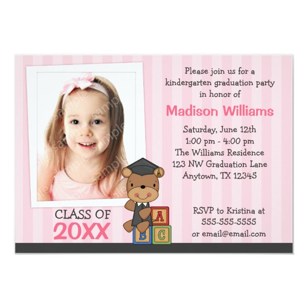 Girl Photo Graduation Bear Pink Stripes 5x7 Paper Invitation Card (front side)