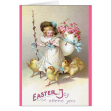 Girl, Pink Roses and Chicks on Leashes Cards