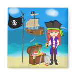 Girl Pirate with Treasure Chest Magnet