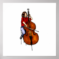 Girl playing orchestra bass red shirt posters