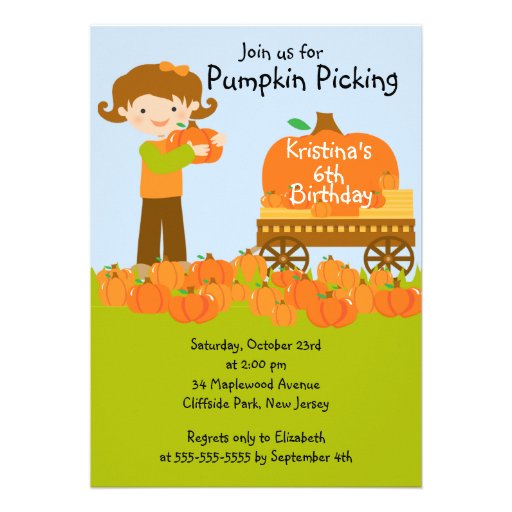 Girl Pumpkin Picking Birthday Party Invitations