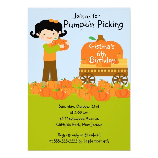 Girl Pumpkin Picking Birthday Party Invitations