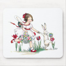 Girl, Rabbit and Easter Flowers Mousepads