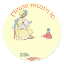 Girl reading to Doll Rounded Bookplate sticker