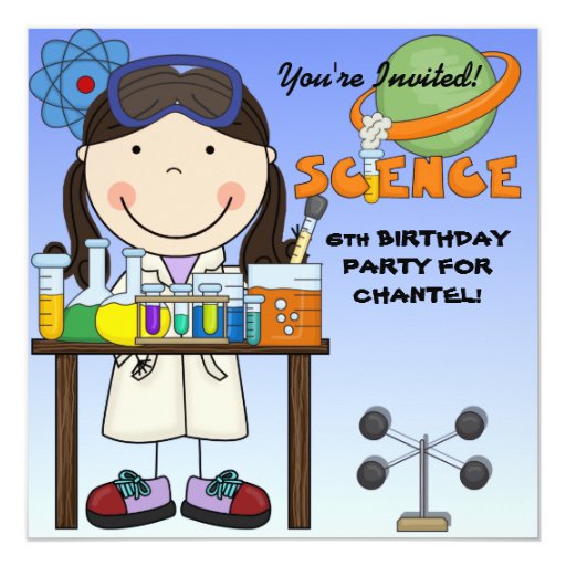 Girl Science Birthday Party Invitation 5.25" Square Invitation Card ...