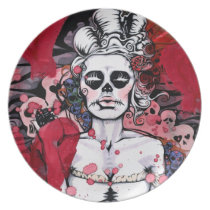 camarillo, mexican art, illustration, art plate, artistic plate, decorative wall plate, collectors art plate, what&#39;s a girl to do, skull art, black and white art, artsprojekt, nicholecamarillo.com, fine art, painting, female art, latina art, artistic tray, creative dish, artistic dish, unique serving tray, creative, artistic, christmas gifts, artistic housewarming gift, creative kitchen accessories, woman, victorian dress, skull, gun, suicide, hearts, love, dark art, gouache painting, marker, achromatic color, Young-adult fiction, [[missing key: type_fuji_plat]] com design gráfico personalizado
