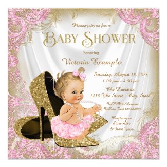 Girl Shoe Pink Gold Glitter Pearl Baby Shower Card