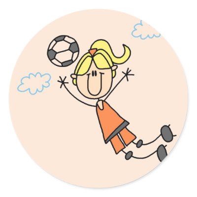 A stick figure girl soccer player in a red uniform with soccer ball on a