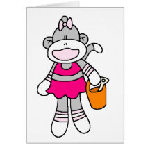 Girl Sock Monkey at Beach Greeting Cards