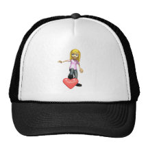 girl stepping on heart trucker hat
