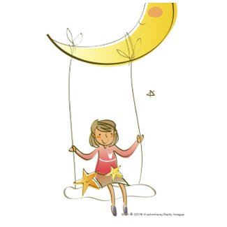 Girl swinging on a rope hanging from crescent moon post cards