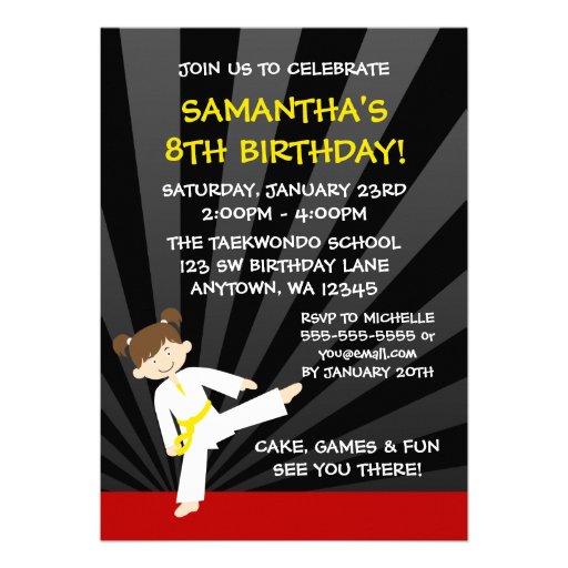 Girl Taekwondo Karate Yellow Belt Birthday Announcements