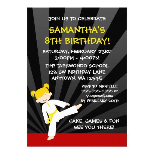 Girl Taekwondo Karate Yellow Belt Blonde Birthday Personalized Invitations