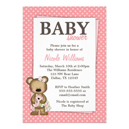 Girl Teddy Bear Baby Shower Pink Dots Invitation