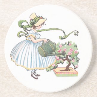 Girl Watering Bonsai Vintage coaster