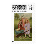 Girl, Wheelbarrow, Hen & Very Big Egg Stamp
