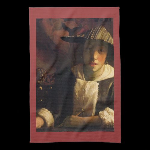 Girl with a flute by Johannes Vermeer Kitchen Towel