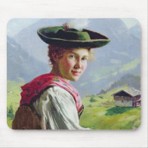 Girl with a Hat in Mountain Landscape Mouse Pads
