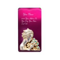 GIRL WITH FLOWERS,gold,pink fuchsia Amethyst Personalized Address Label