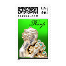 GIRL WITH FLOWERS, Rsvp , Green Emerald Stamps