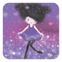 Girl with flyffy hair stings square stickers