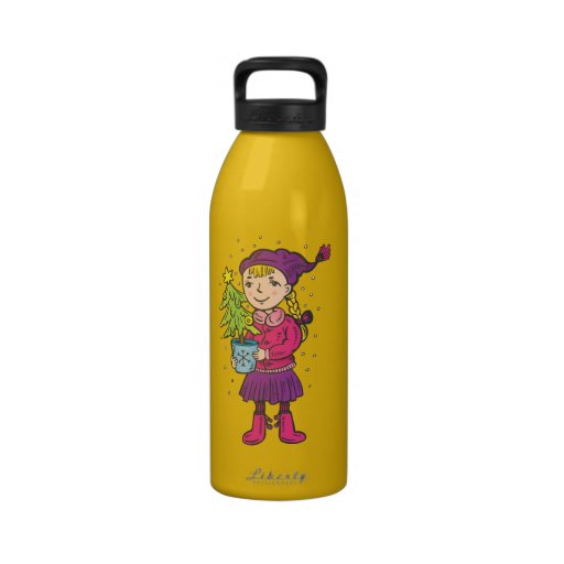 Girl with little Christmas tree Reusable Water Bottle