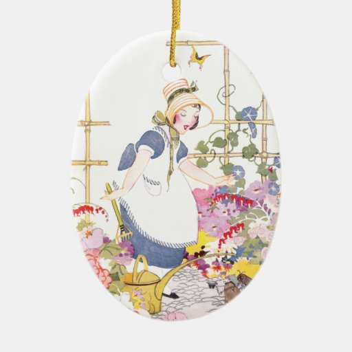 Girl with Rake and Watering Can in Flower Garden Christmas Ornaments