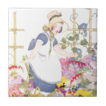 Girl with Rake and Watering Can in Flower Garden Tiles